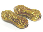 1 Bead - Large reversible Tibetan brass bead from Nepal with carved alligator lizard gecko - jewelry making supplies - BD185B