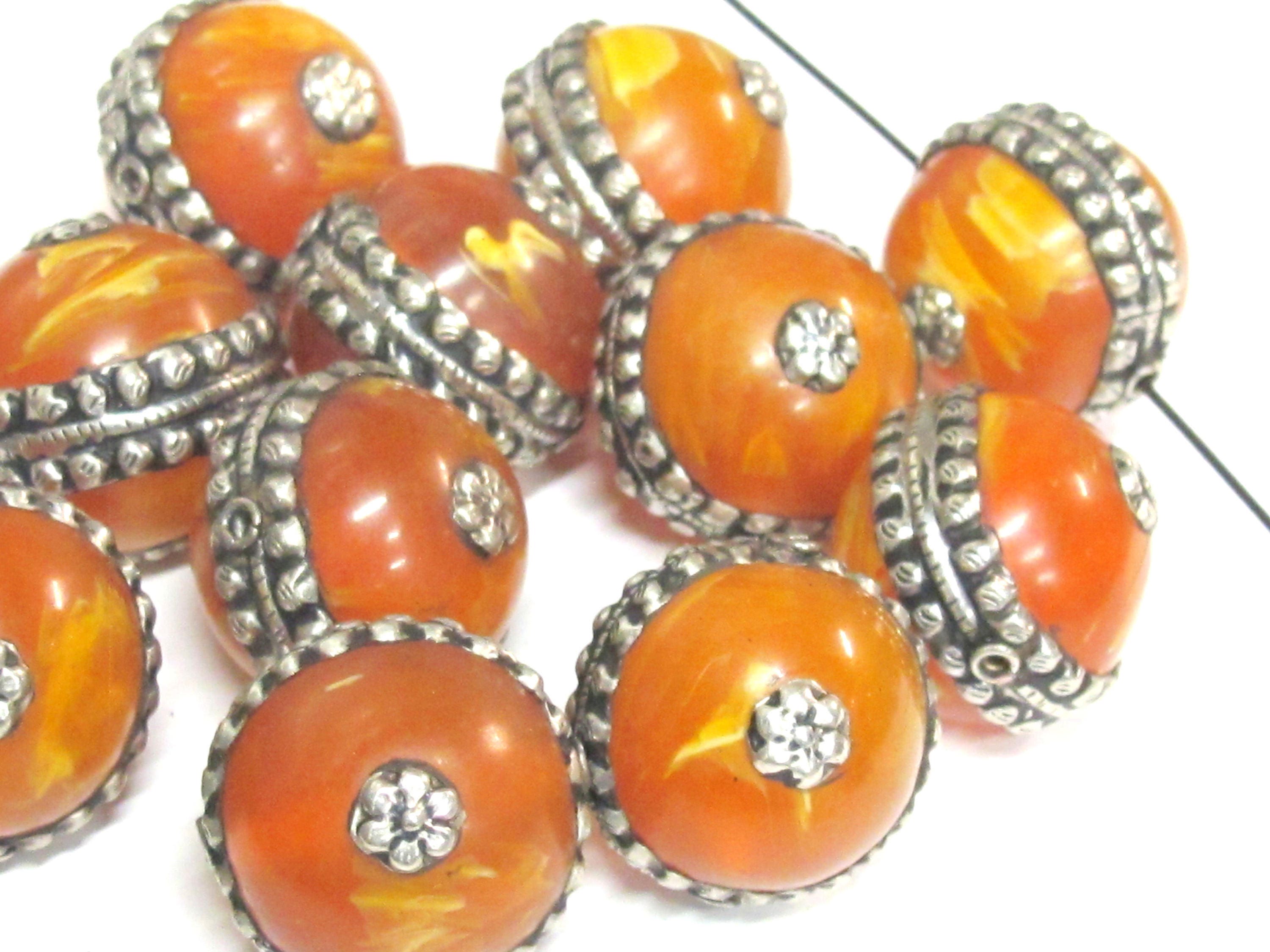 1 Bead - Tibetan silver encased thick copal Resin focal pendant bead - BD590Bx