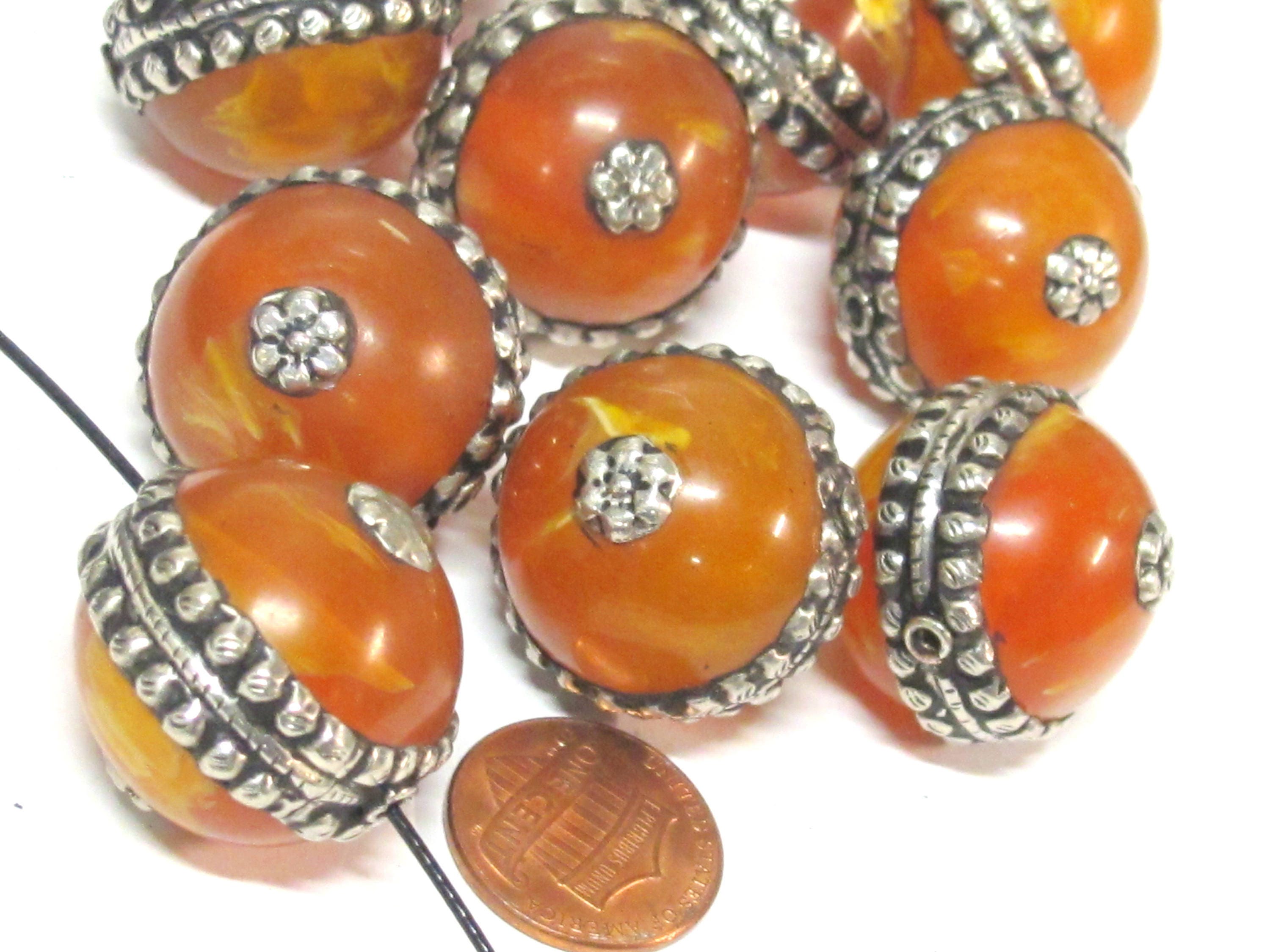 1 Bead - Tibetan silver encased thick copal Resin focal pendant bead - BD590Bx