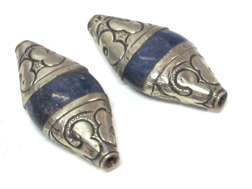 1 Bead - Tibetan Nepal capped lapis Lazuli gemstone bead - 39 -40 mm long - BD217B