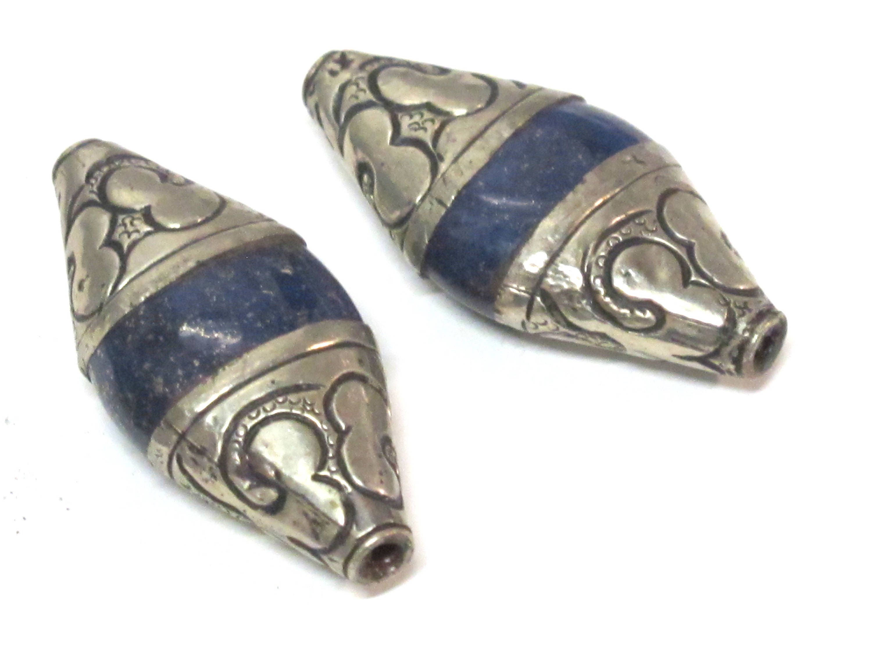 1 Bead - Tibetan Nepal capped lapis Lazuli gemstone bead - 39 -40 mm long - BD217B