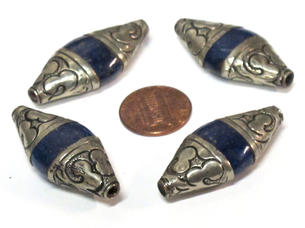 1 Bead - Tibetan Nepal capped lapis Lazuli gemstone bead - 39 -40 mm long - BD217B