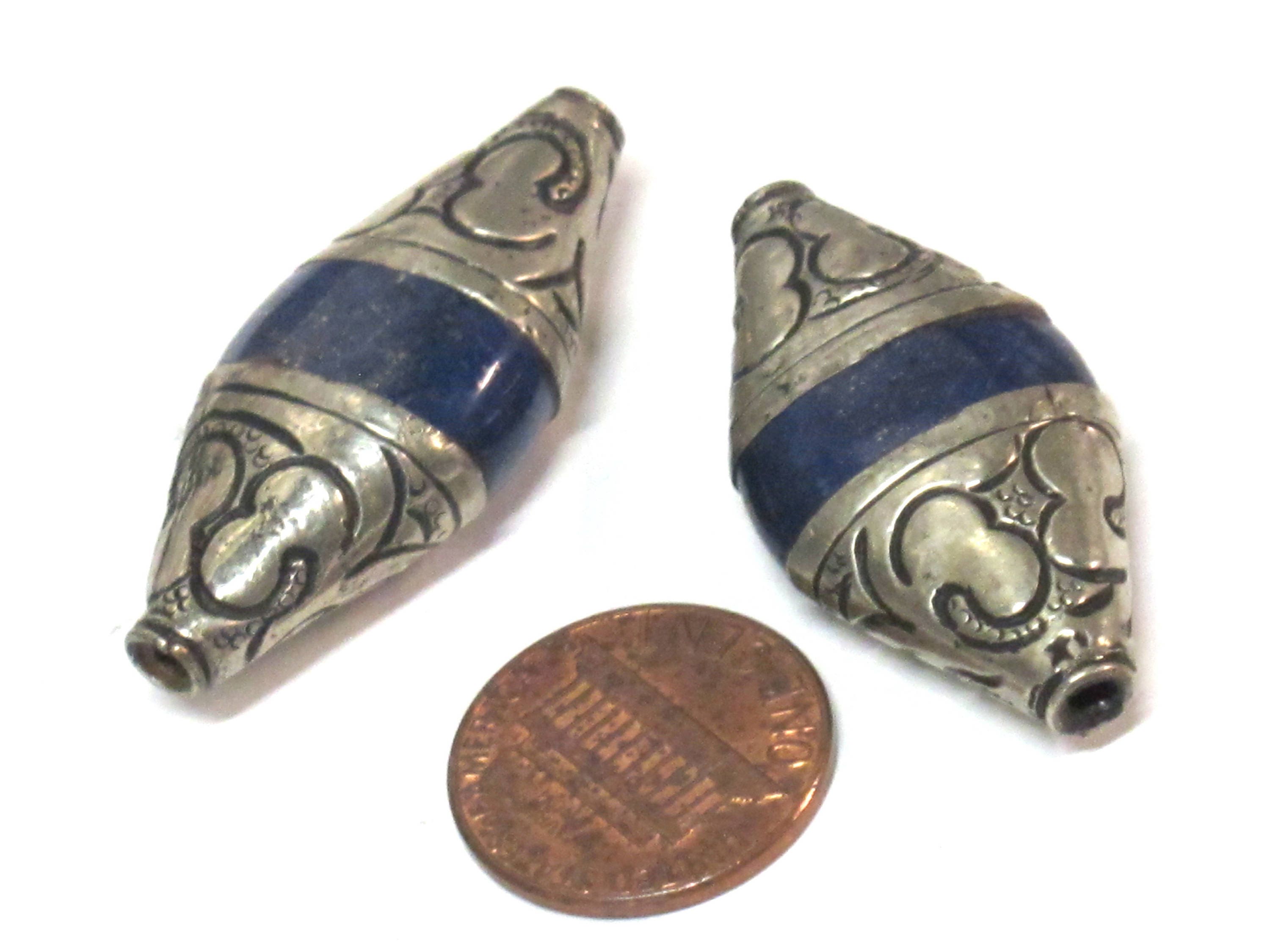 1 Bead - Tibetan Nepal capped lapis Lazuli gemstone bead - 39 -40 mm long - BD217B