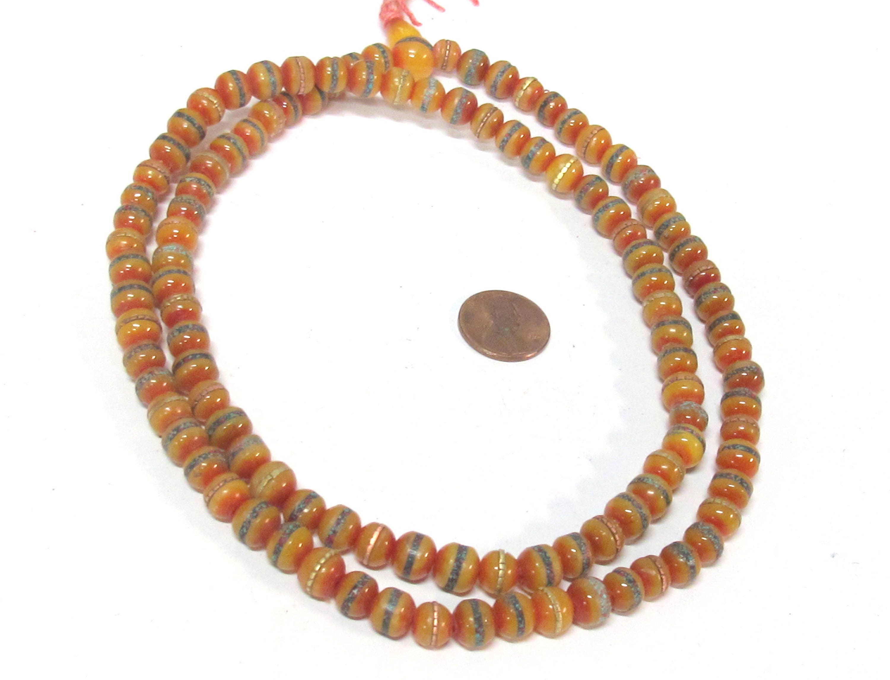 108 beads - Tibetan mala beads 8mm Tibetan Nepal honey yellow resin 108 mala beads Guru bead brass ,turquoise inlay - ML109A
