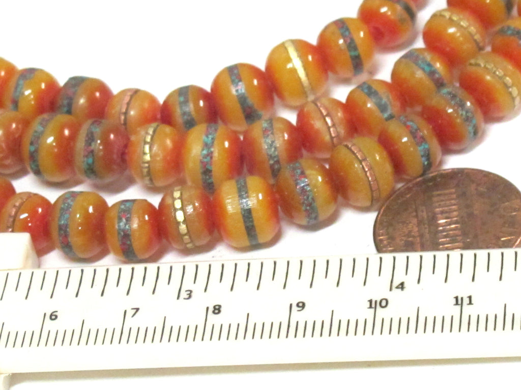 108 beads - Tibetan mala beads 8mm Tibetan Nepal honey yellow resin 108 mala beads Guru bead brass ,turquoise inlay - ML109A