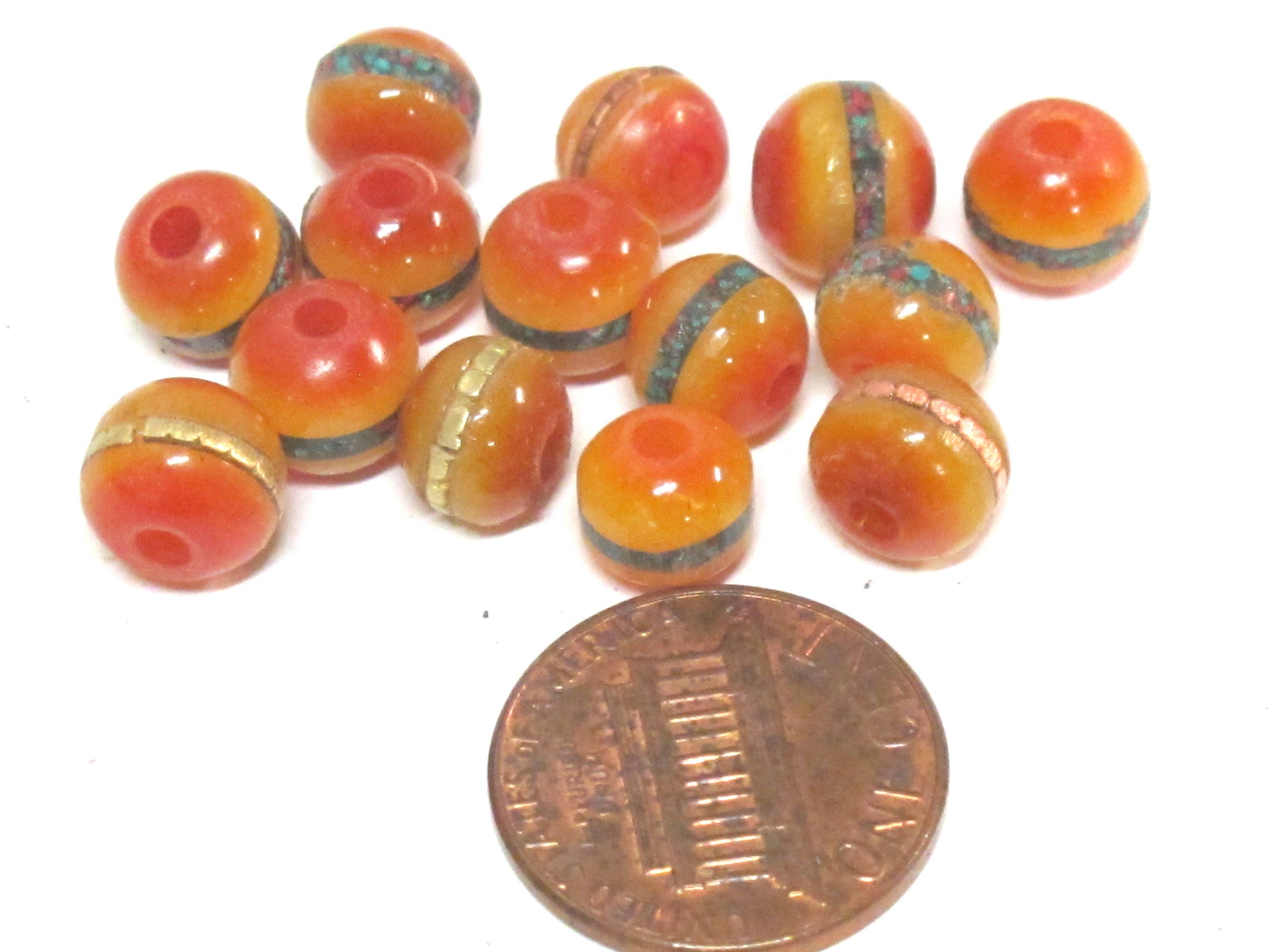 108 beads - Tibetan mala beads 8mm Tibetan Nepal honey yellow resin 108 mala beads Guru bead brass ,turquoise inlay - ML109A