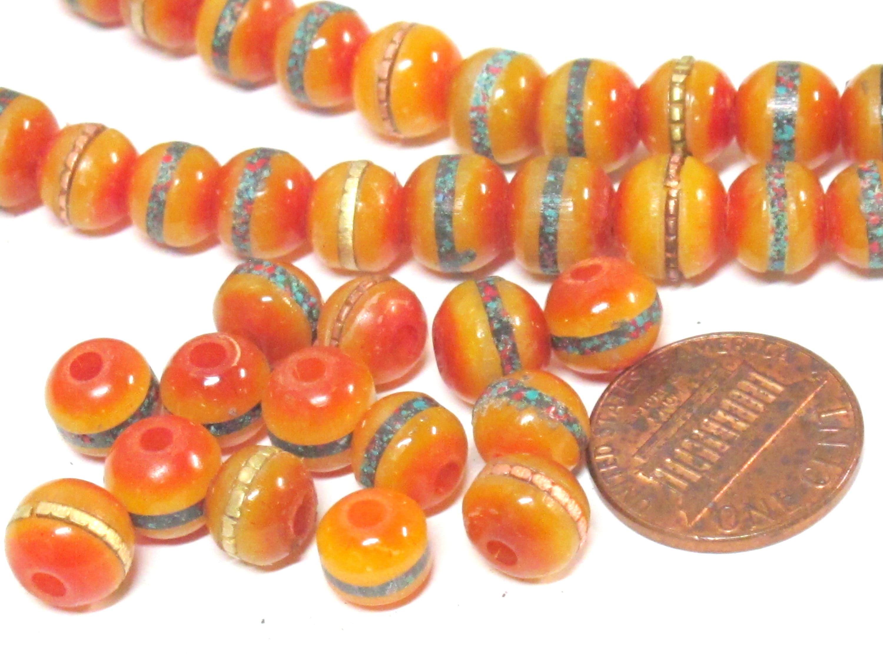 108 beads - Tibetan mala beads 8mm Tibetan Nepal honey yellow resin 108 mala beads Guru bead brass ,turquoise inlay - ML109A
