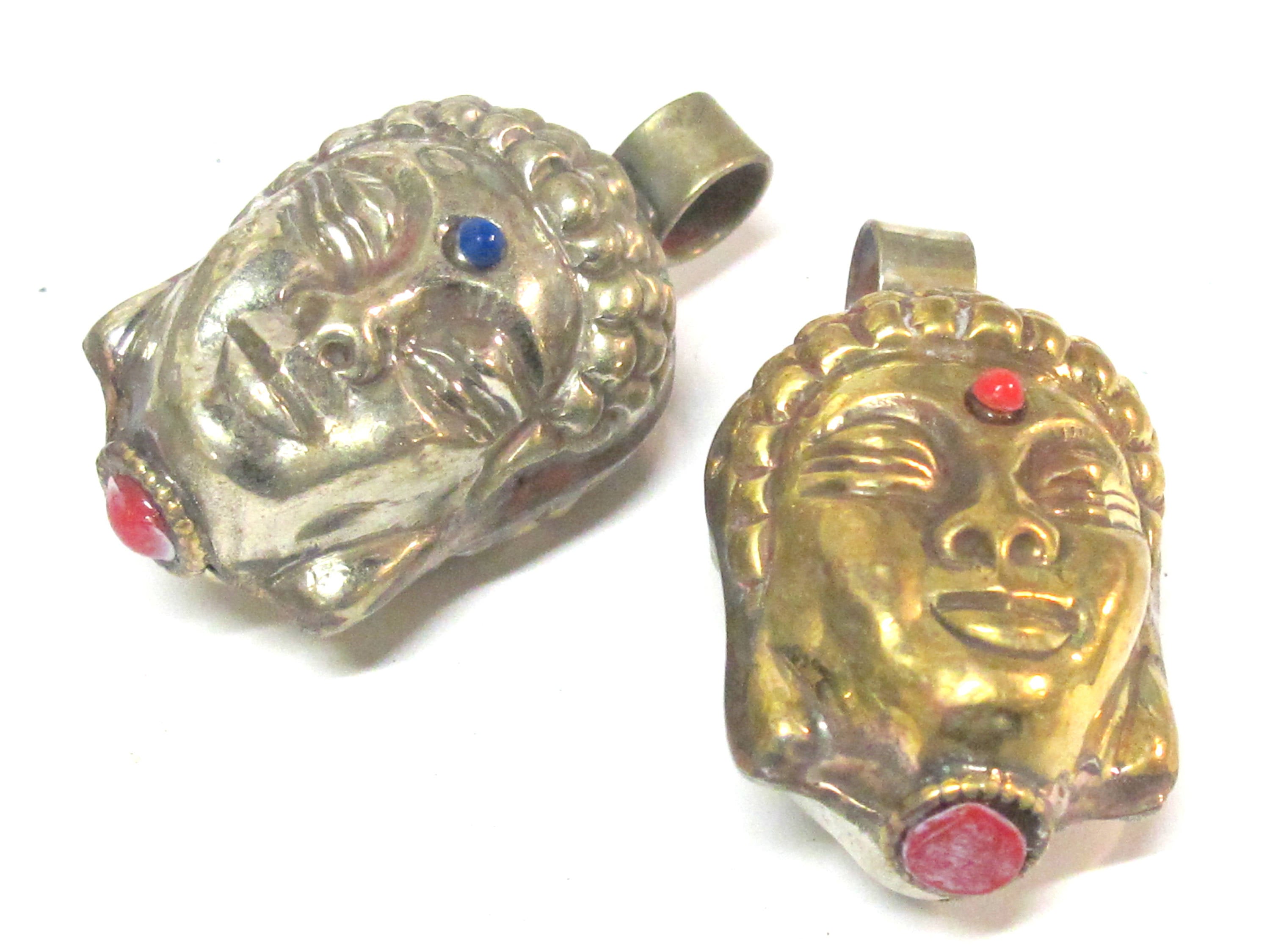 1 Pendant - Reversible dual sided two tone antiqued golden brass silver Tibetan Buddha pendant from Nepal-- PM584 Copyright Nepalbeadshop