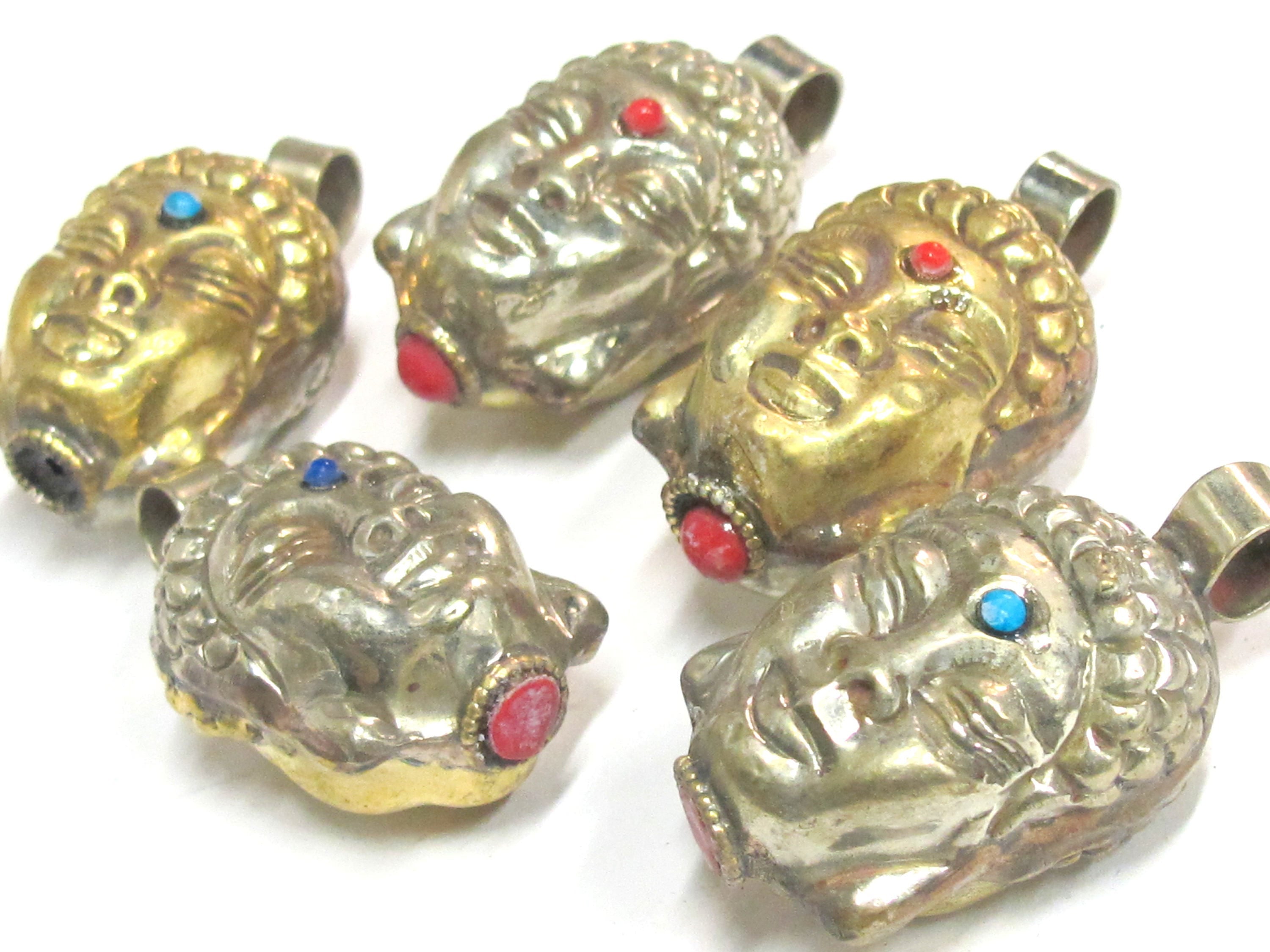 1 Pendant - Reversible dual sided two tone antiqued golden brass silver Tibetan Buddha pendant from Nepal-- PM584 Copyright Nepalbeadshop