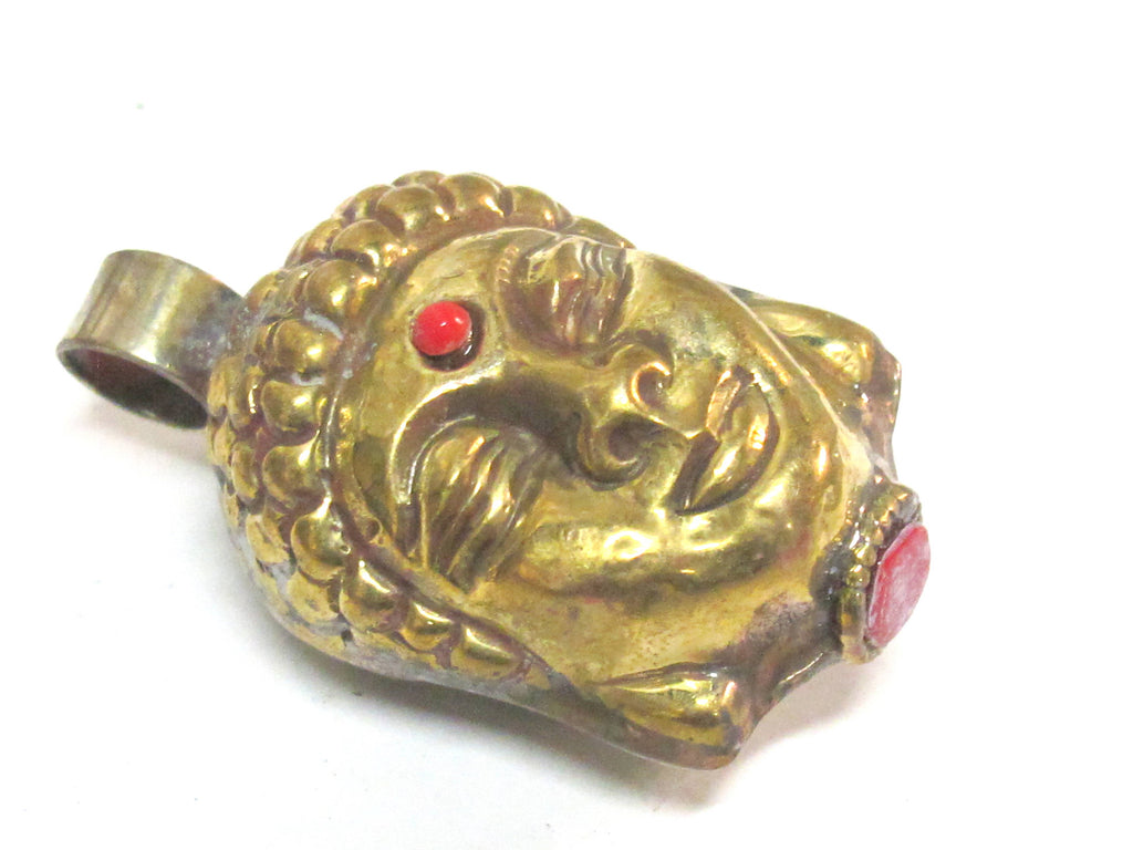 1 Pendant - Reversible dual sided two tone antiqued golden brass silver Tibetan Buddha pendant from Nepal-- PM584 Copyright Nepalbeadshop