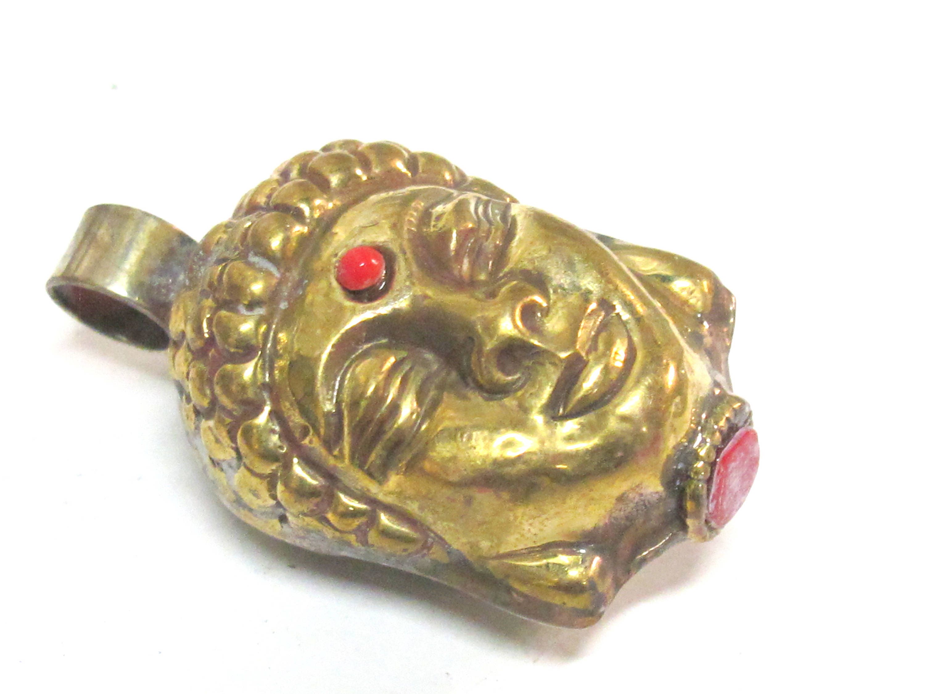 1 Pendant - Reversible dual sided two tone antiqued golden brass silver Tibetan Buddha pendant from Nepal-- PM584 Copyright Nepalbeadshop