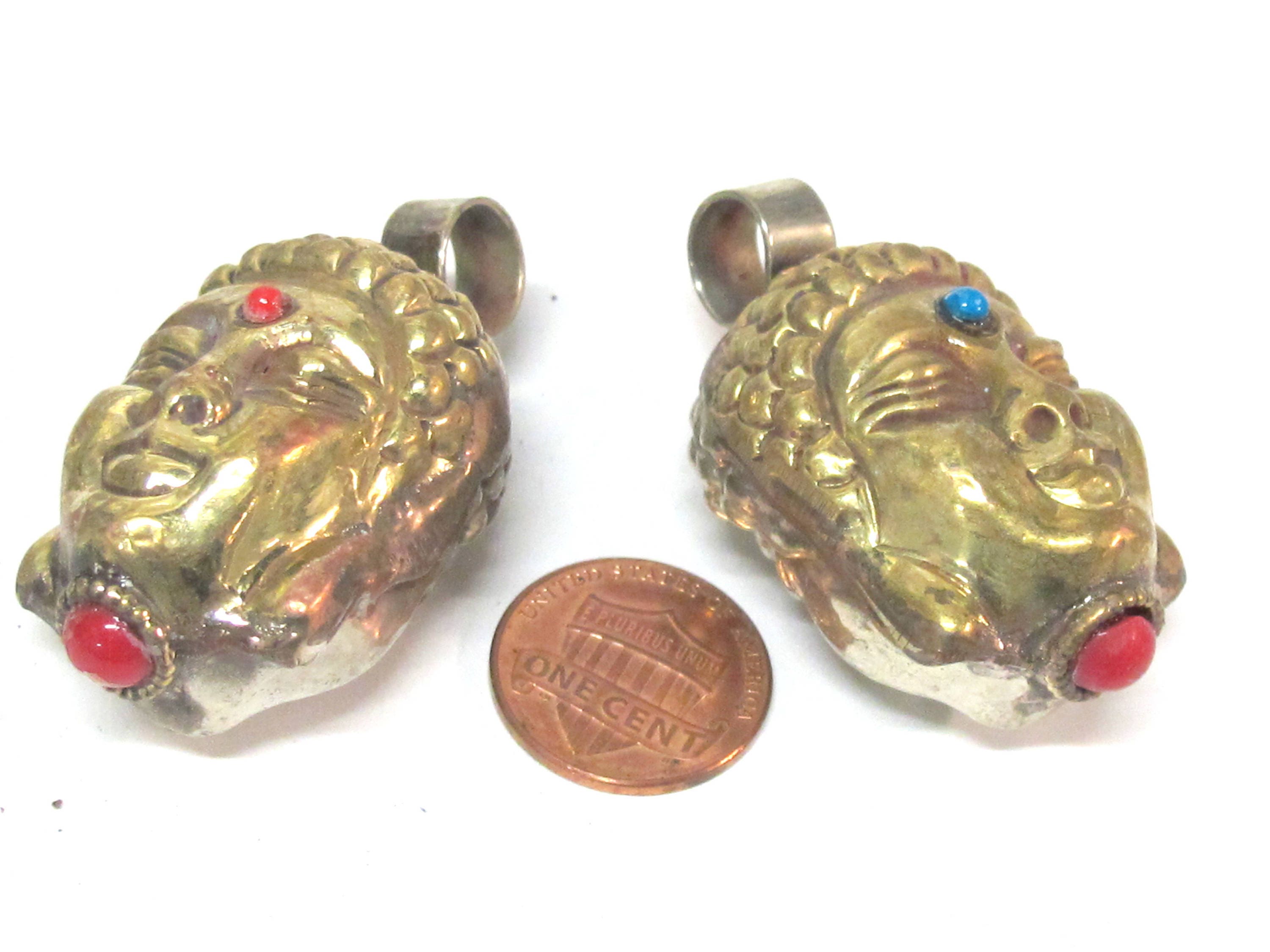 1 Pendant - Reversible dual sided two tone antiqued golden brass silver Tibetan Buddha pendant from Nepal-- PM584 Copyright Nepalbeadshop