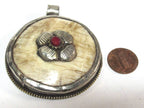 1 pendant - Ethnic Tibetan silver naga conch shell pendant with coral inlay and floral carving on reverse side - PM586A
