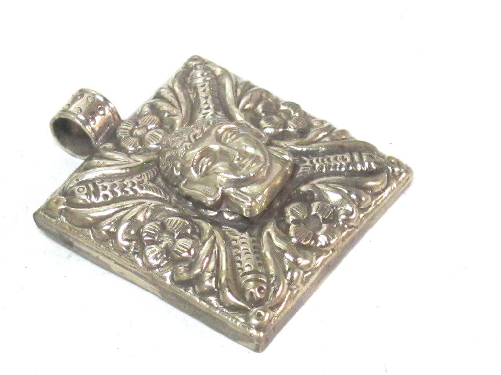 1 pendant - Tibetan silver square shape Buddha pendant detailed carving with floral design on other side - PM588A Copyright Nepalbeadshop