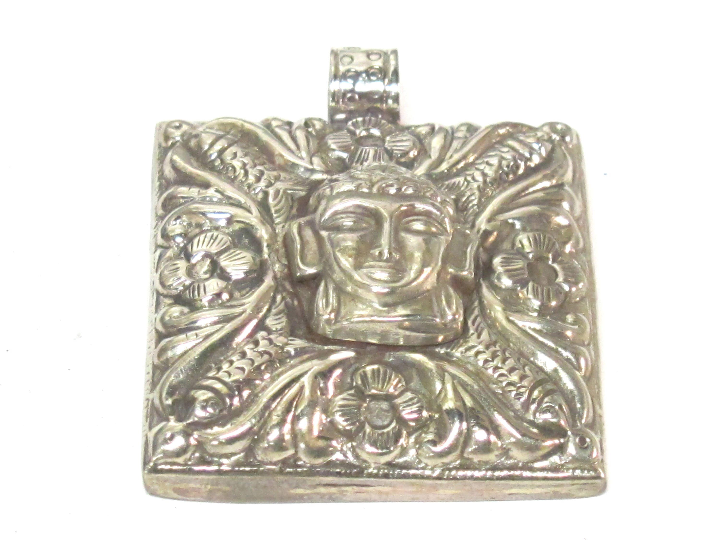 1 pendant - Tibetan silver square shape Buddha pendant detailed carving with floral design on other side - PM588A Copyright Nepalbeadshop