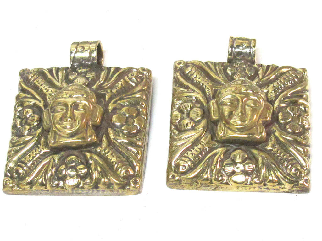 1 pendant - Tibetan square shape Buddha pendant antiqued golden color with floral animal mix design on other side - PM589A
