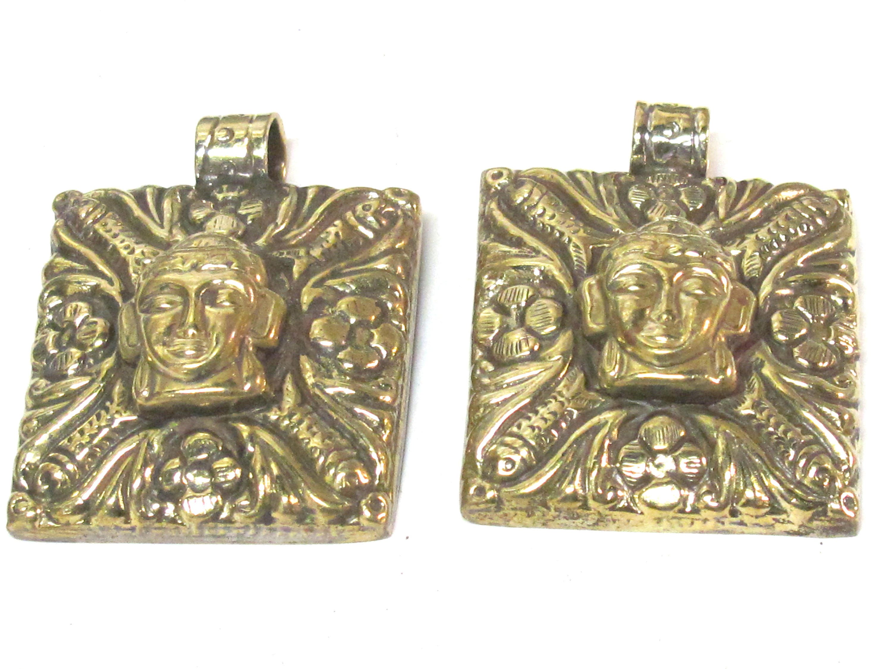 1 pendant - Tibetan square shape Buddha pendant antiqued golden color with floral animal mix design on other side - PM589A