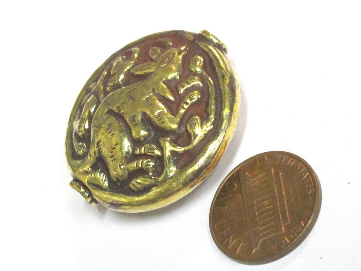 1 Bead - Large 34 -35 mm size Tibetan brass repousse rabbit design focal pendant bead antiqued golden color - BD426