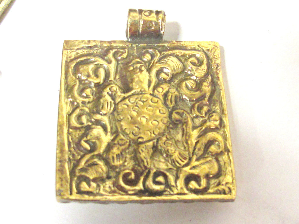1 pendant - Tibetan square shape Buddha pendant antiqued golden color detailed carving with turtle design on other side - PM589B