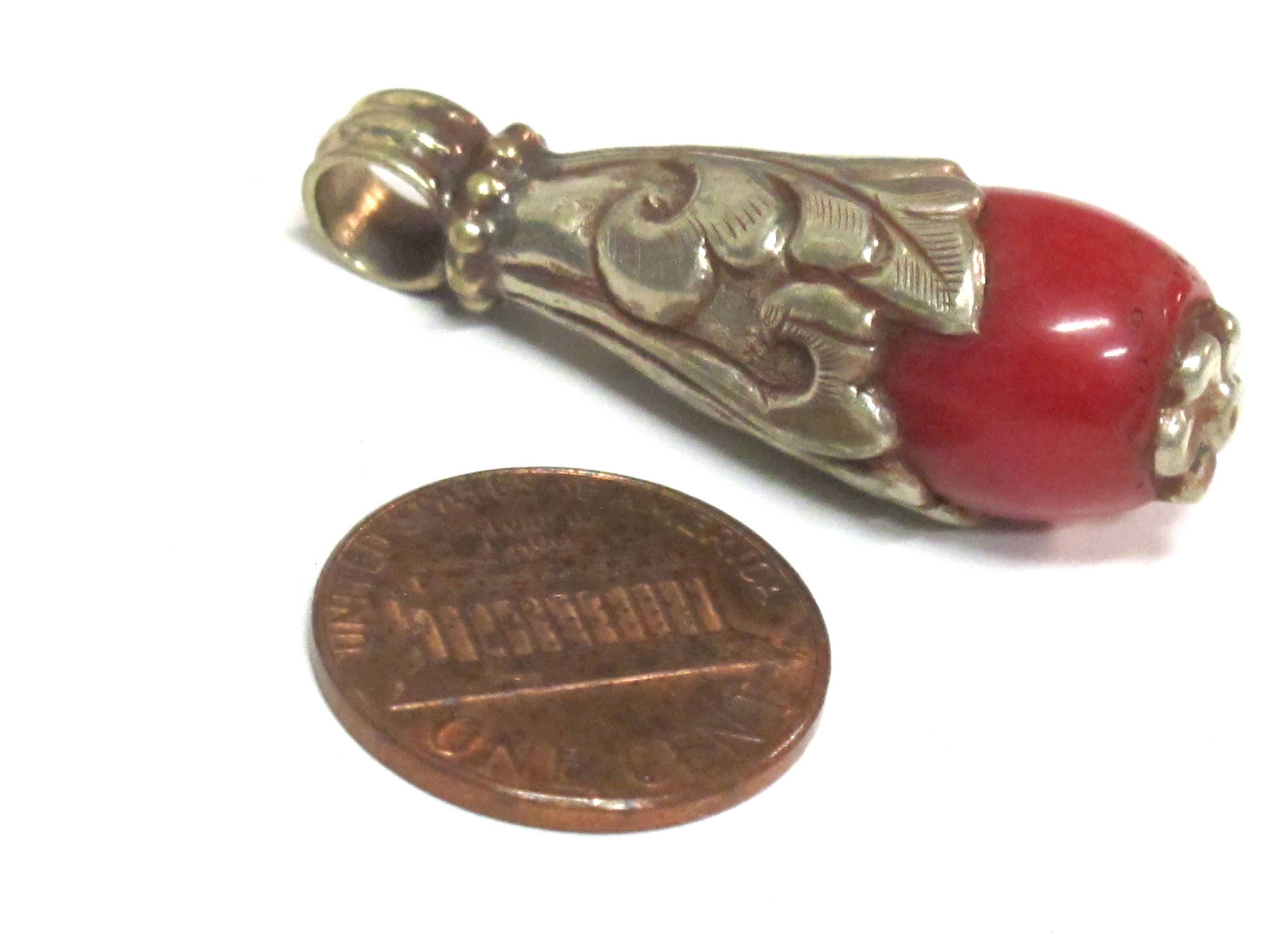 1 Pendant - Small medium sized Tibetan silver dyed coral drop pendant with floral design bail - PM592