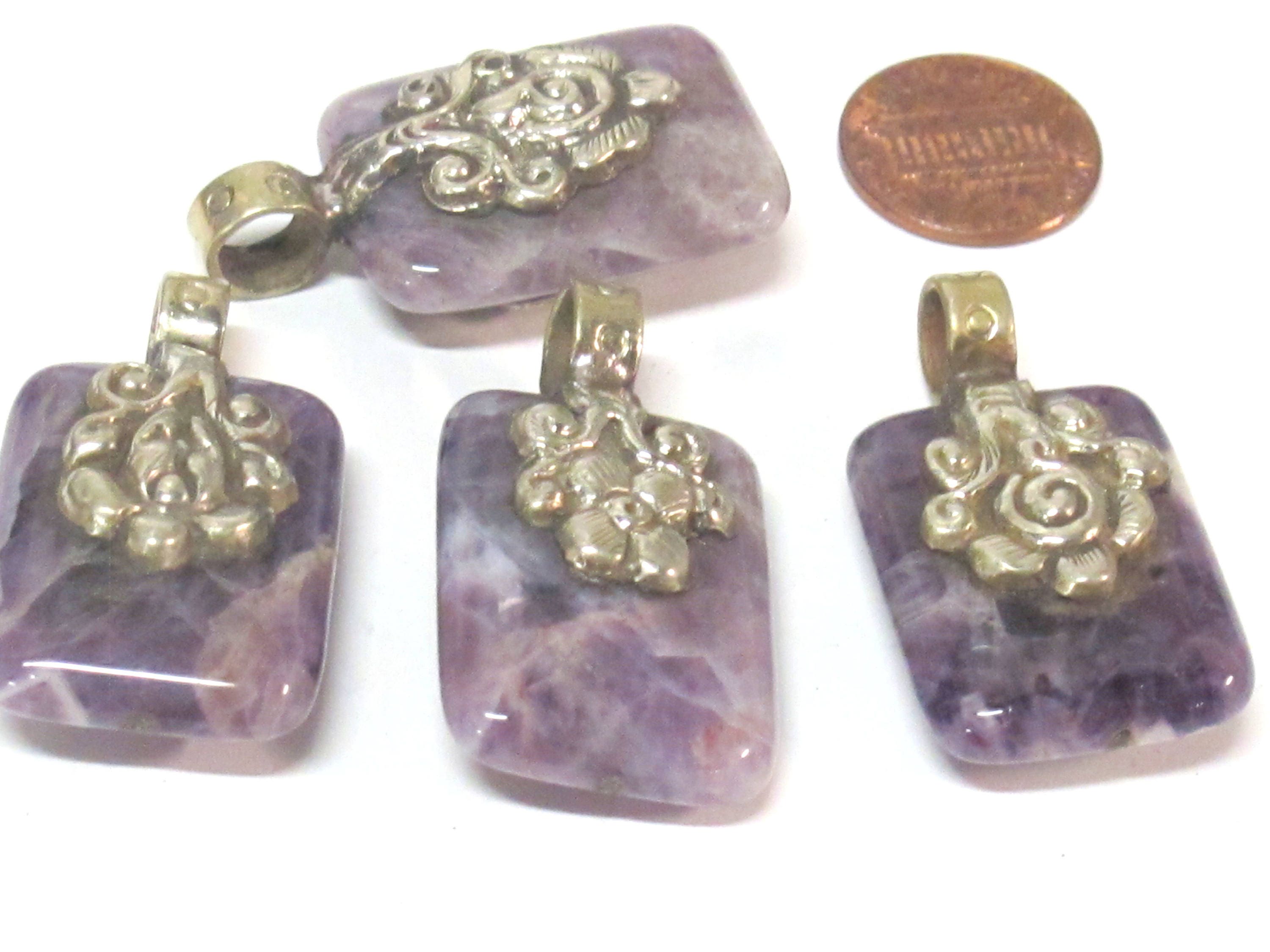 1 pendant - Reversible Ethnic Tibetan Nepal amethyst gemstone Pendant with floral bail carving - PM593