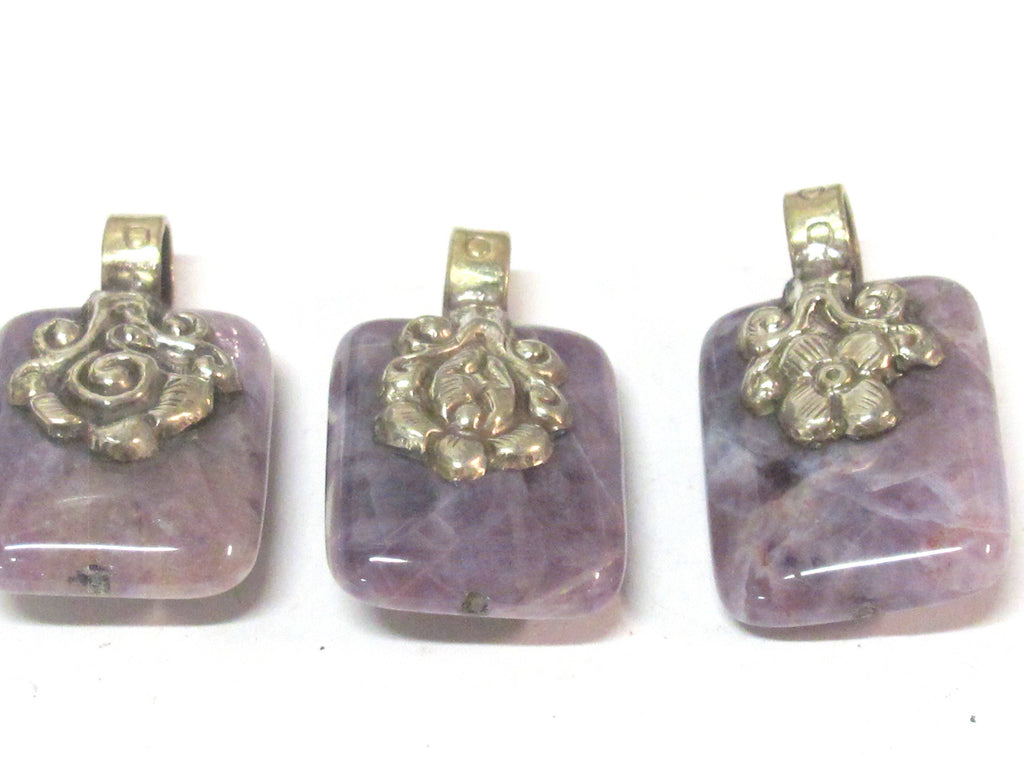 1 pendant - Reversible Ethnic Tibetan Nepal amethyst gemstone Pendant with floral bail carving - PM593
