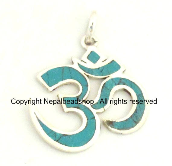 Tibetan silver plated Om pendant with turquoise inlay - PM265