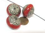 1 Bead -Large Tibetan red crackle resin capped bead with tibetan double dorje vajra symbol - BD977A