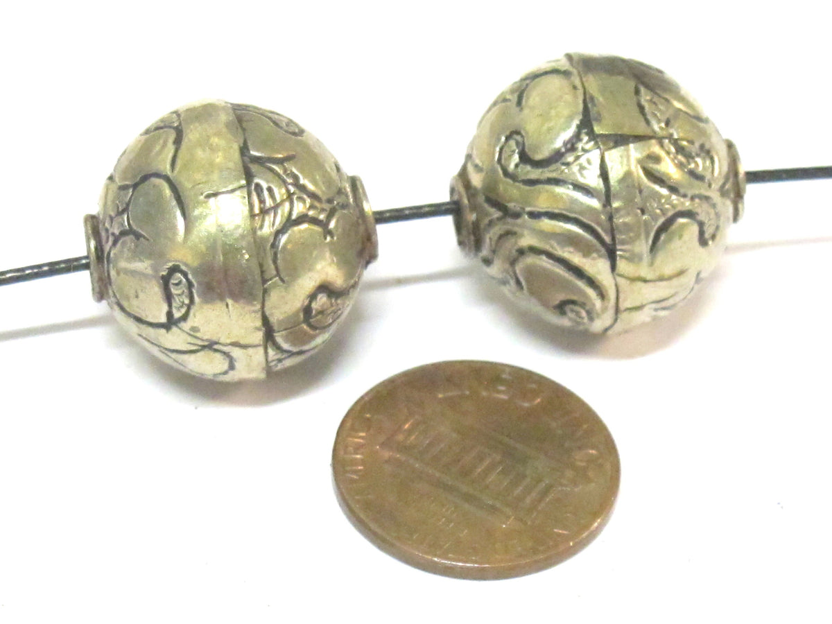 2 Beads - Tibetan repousse floral design oval shape beads 18 - 19 mm - BD978s