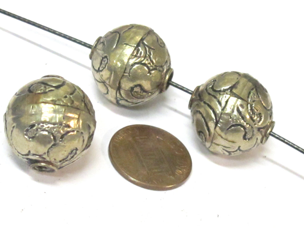 2 Beads - Tibetan repousse floral design oval shape beads 18 - 19 mm - BD978s