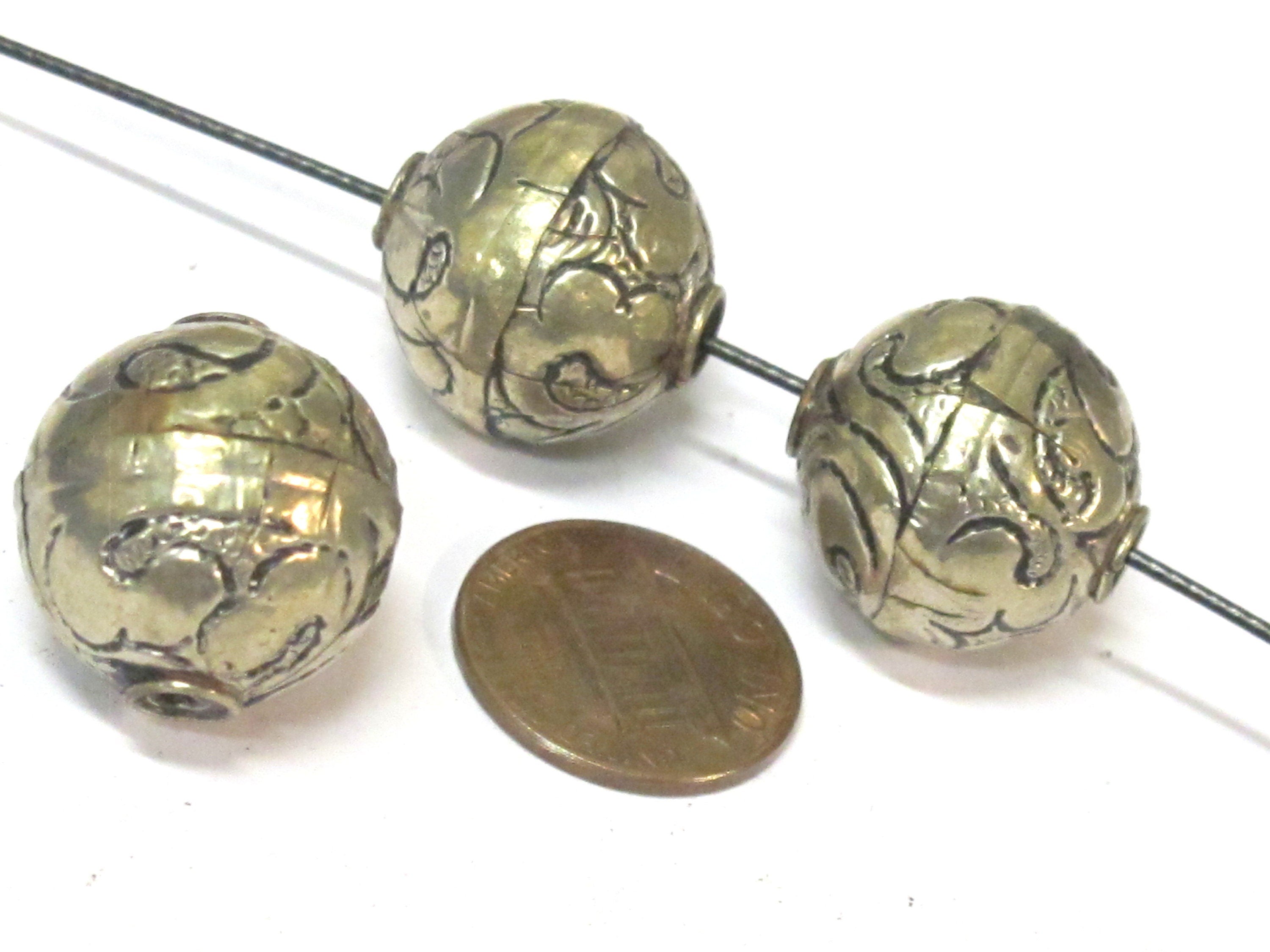 2 Beads - Tibetan repousse floral design oval shape beads 18 - 19 mm - BD978s