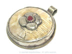 1 pendant - Ethnic Tibetan silver naga conch shell pendant with coral inlay and floral carving on reverse side - PM586A