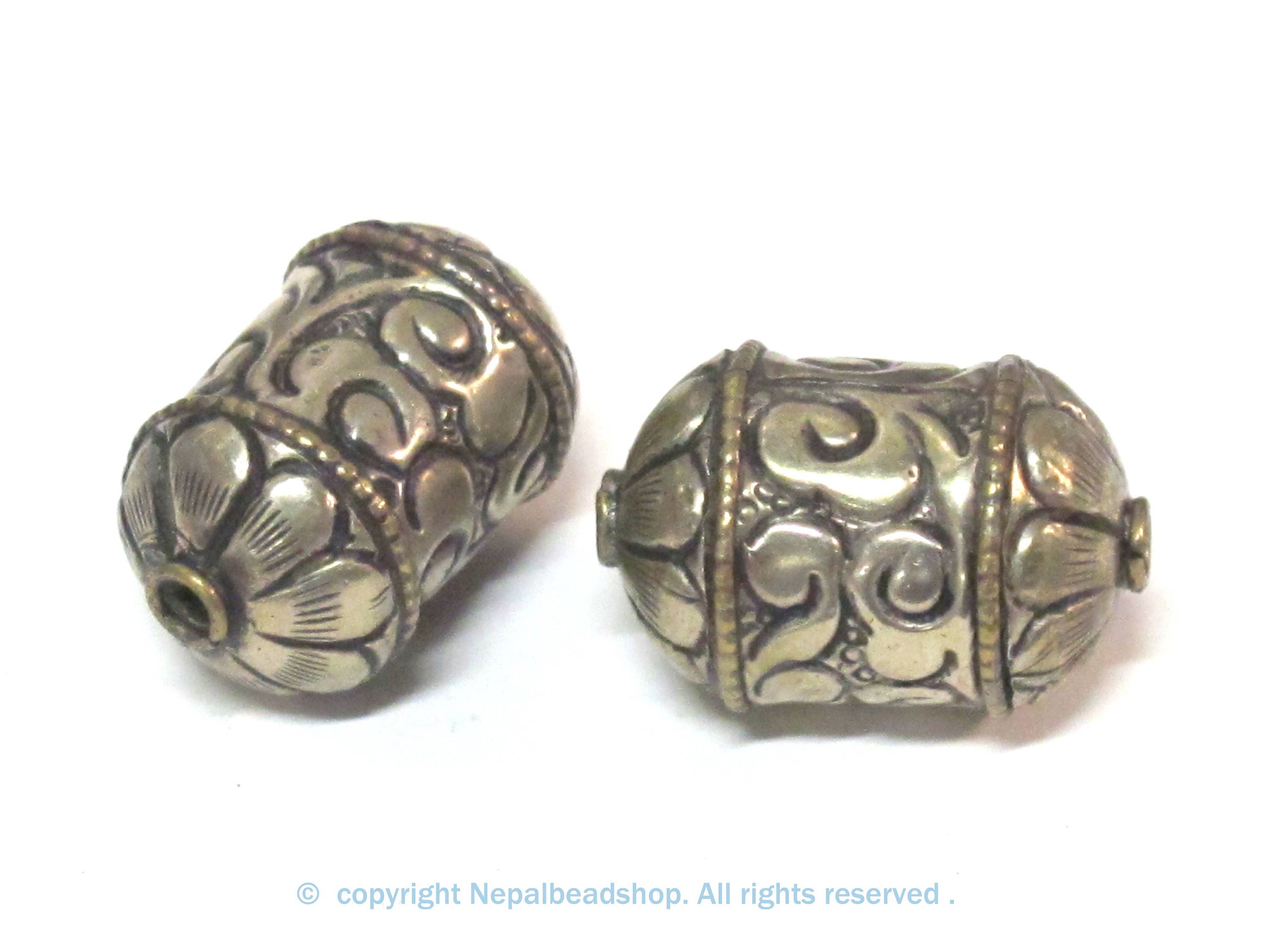 1 BEAD - Beautiful cylinder scroll shape Tibetan silver repousse lotus floral design bead- BD942B