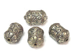 1 BEAD - Beautiful cylinder scroll shape Tibetan silver repousse lotus floral design bead- BD942B