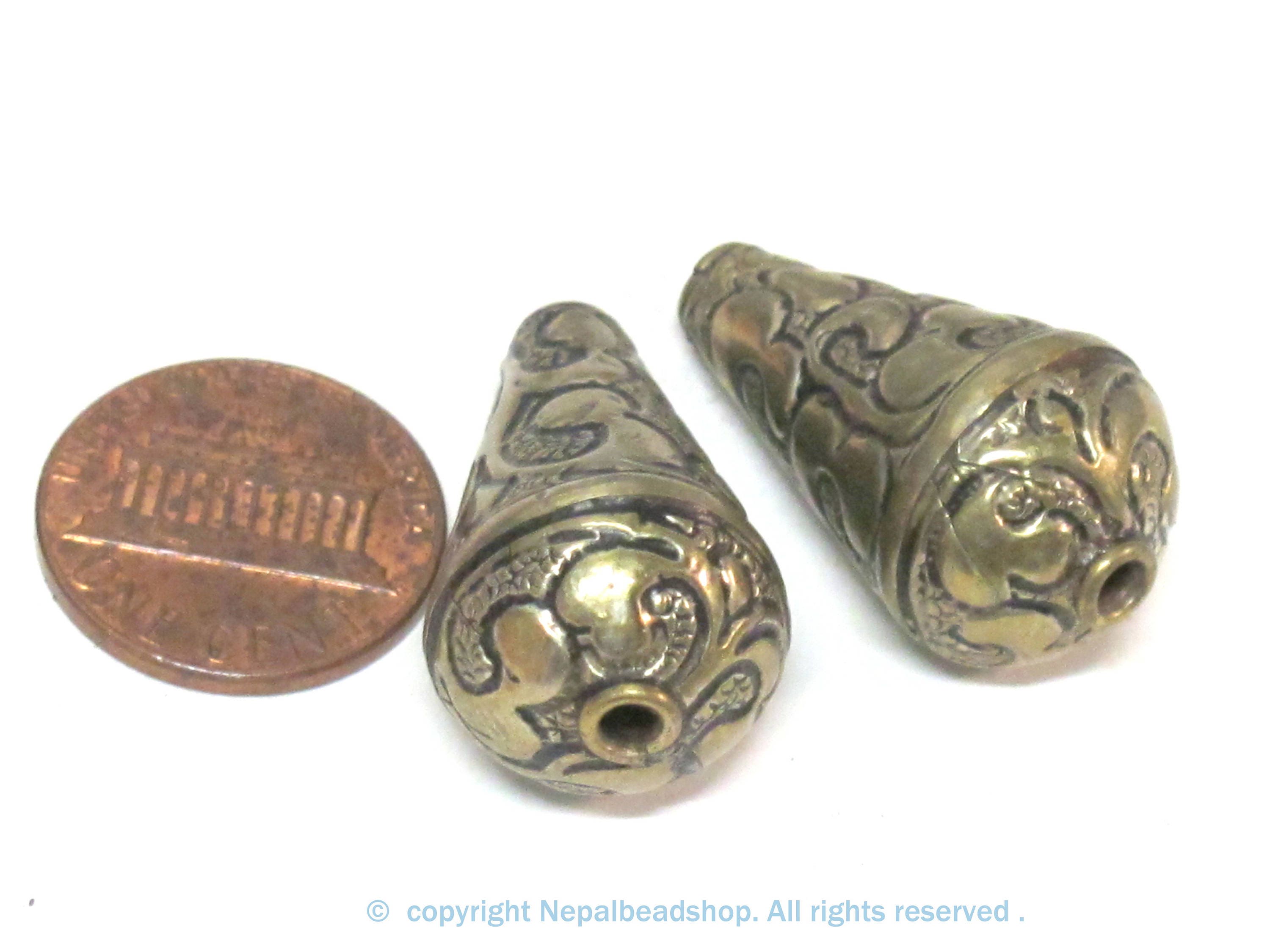 1 BEAD - Beautiful teardrop cone shape Tibetan repousse floral design silver brass tone bead- BD942C