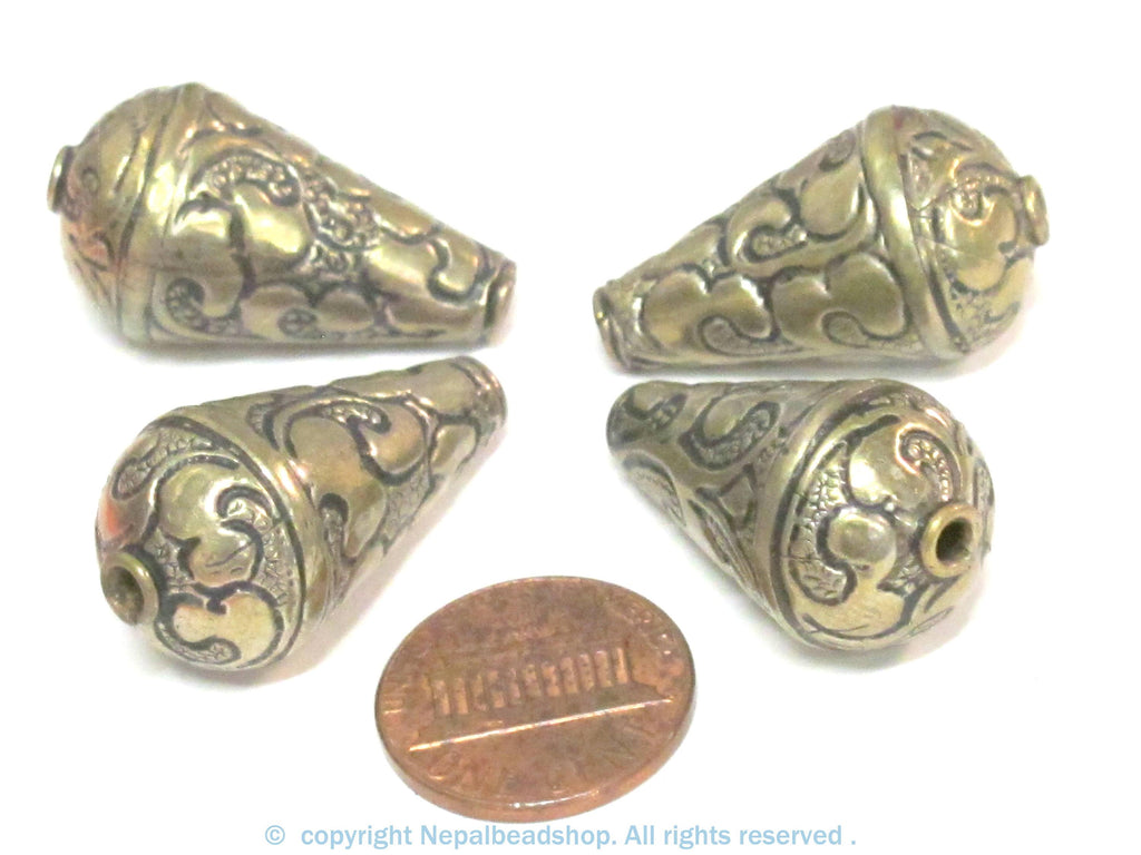 1 BEAD - Beautiful teardrop cone shape Tibetan repousse floral design silver brass tone bead- BD942C