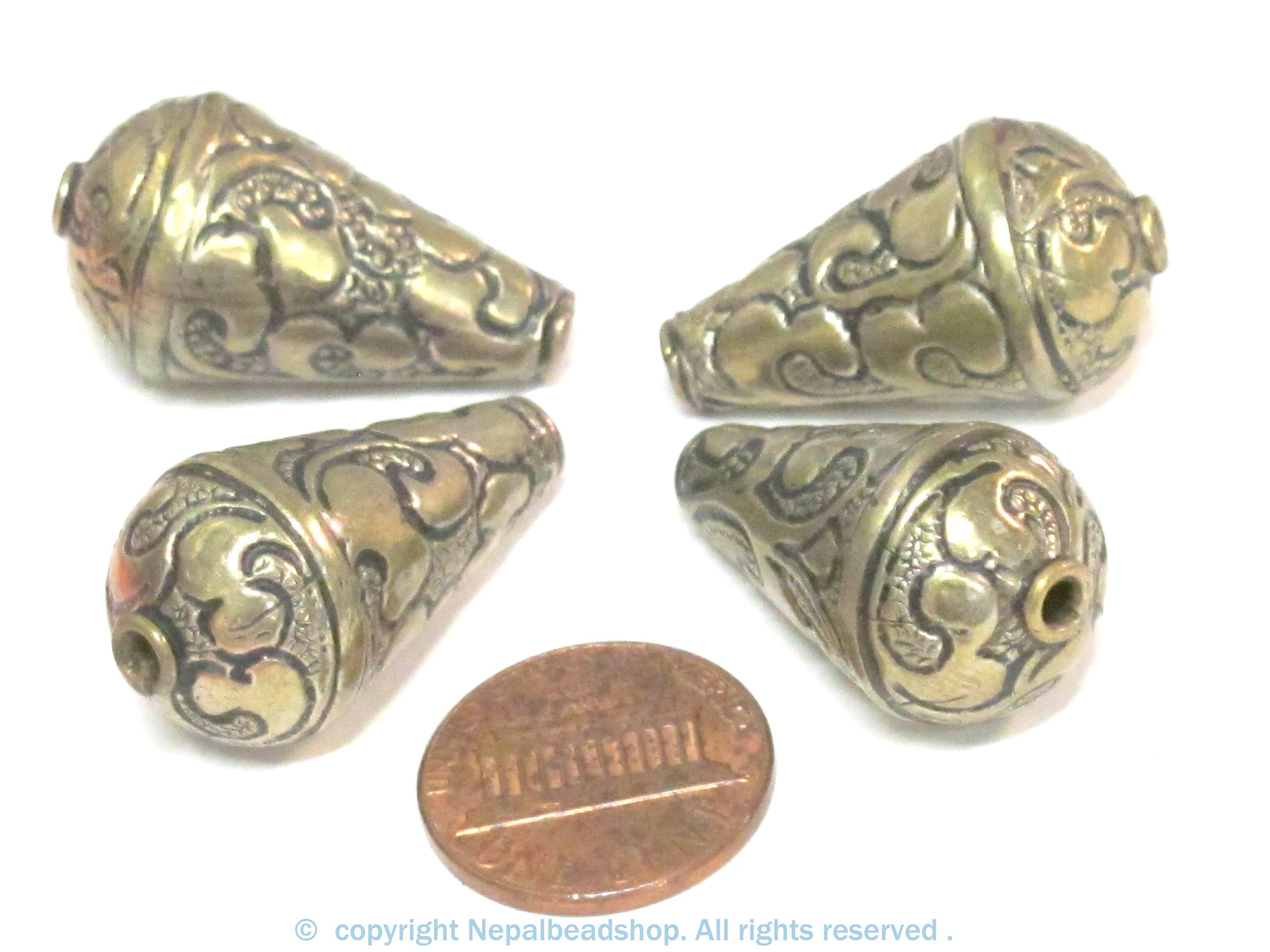 1 BEAD - Beautiful teardrop cone shape Tibetan repousse floral design silver brass tone bead- BD942C