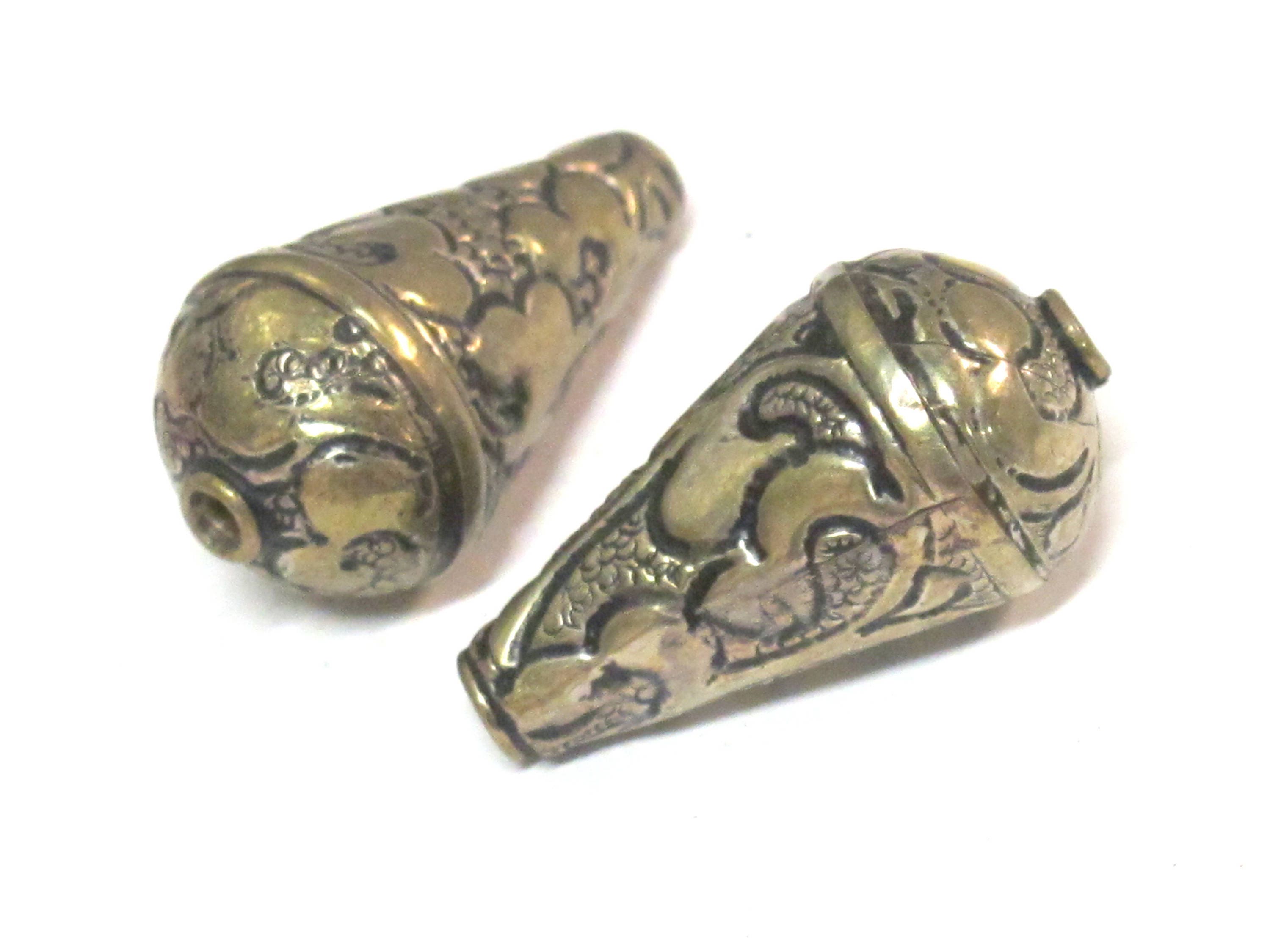 1 BEAD - Beautiful teardrop cone shape Tibetan repousse floral design silver brass tone bead- BD942C