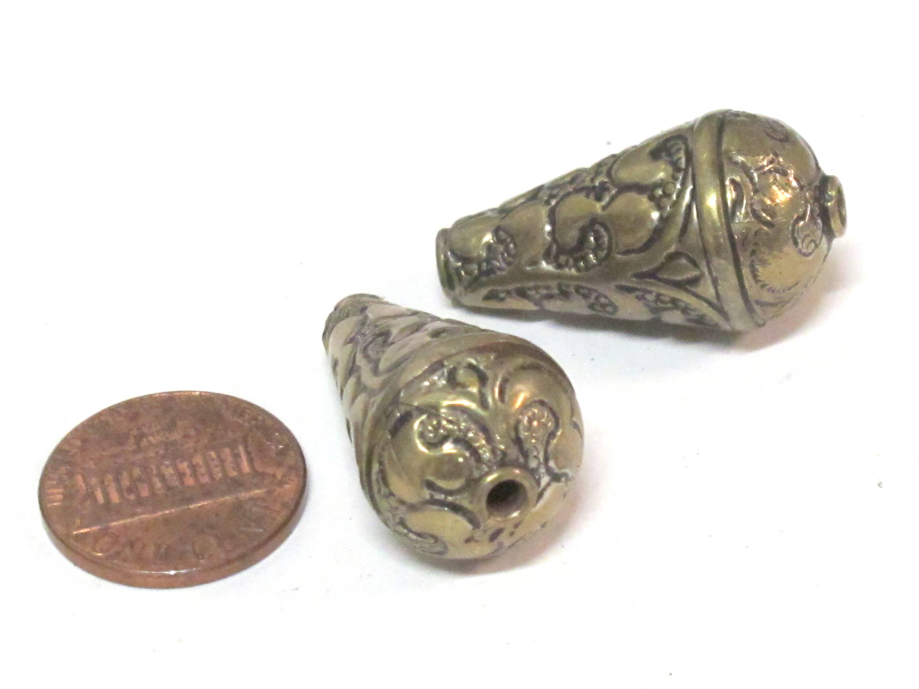 1 BEAD - Beautiful teardrop cone shape Tibetan repousse floral design silver brass tone bead- BD942C