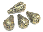 1 BEAD - Beautiful teardrop cone shape Tibetan repousse floral design silver brass tone bead- BD942C