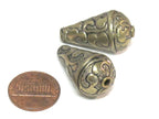 1 BEAD - Beautiful teardrop cone shape Tibetan repousse floral design silver brass tone bead- BD942C