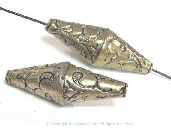 1 Bead - Beautiful Large Long bicone shape Tibetan silver floral repousse ethnic beads from Nepal - BD213B