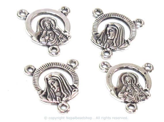 10 pieces - Rosary center medal piece connectors antiqued silver color small charms dual sided - rosary making - GB063s