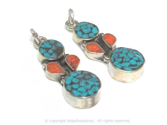 2 charms - Small linear drop shape Tibetan silver charm pendant with mosaic turquoise inlay - PM574Bx