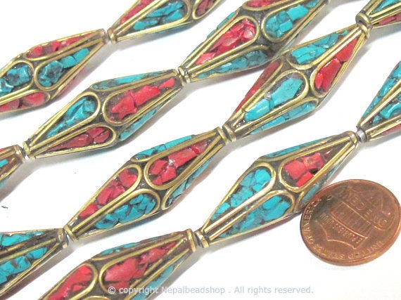 4 Beads - Long Bicone shape ethnic Nepal brass beads with turquoise inlay - 37 mm long - BD973s