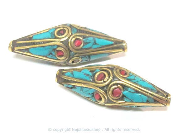 2 Beads - Long Bicone shape ethnic Nepal brass beads with turquoise inlay - BD972s