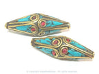 2 Beads - Long Bicone shape ethnic Nepal brass beads with turquoise inlay - BD972s