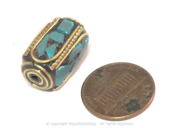 1 Bead - long thick cuboid shape Tibetan brass beads with moasic turquoise inlay 18 - 19 mm long - BD971
