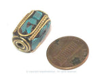 1 Bead - long thick cuboid shape Tibetan brass beads with moasic turquoise inlay 18 - 19 mm long - BD971