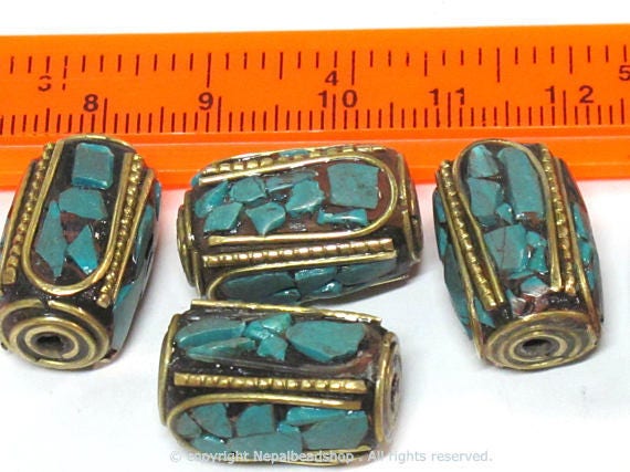 Nepal beads - 2 beads - long thick cuboid shape Tibetan nepal brass beads moasic turquoise inlay 18 - 19 mm long nepal focal beads - BD971